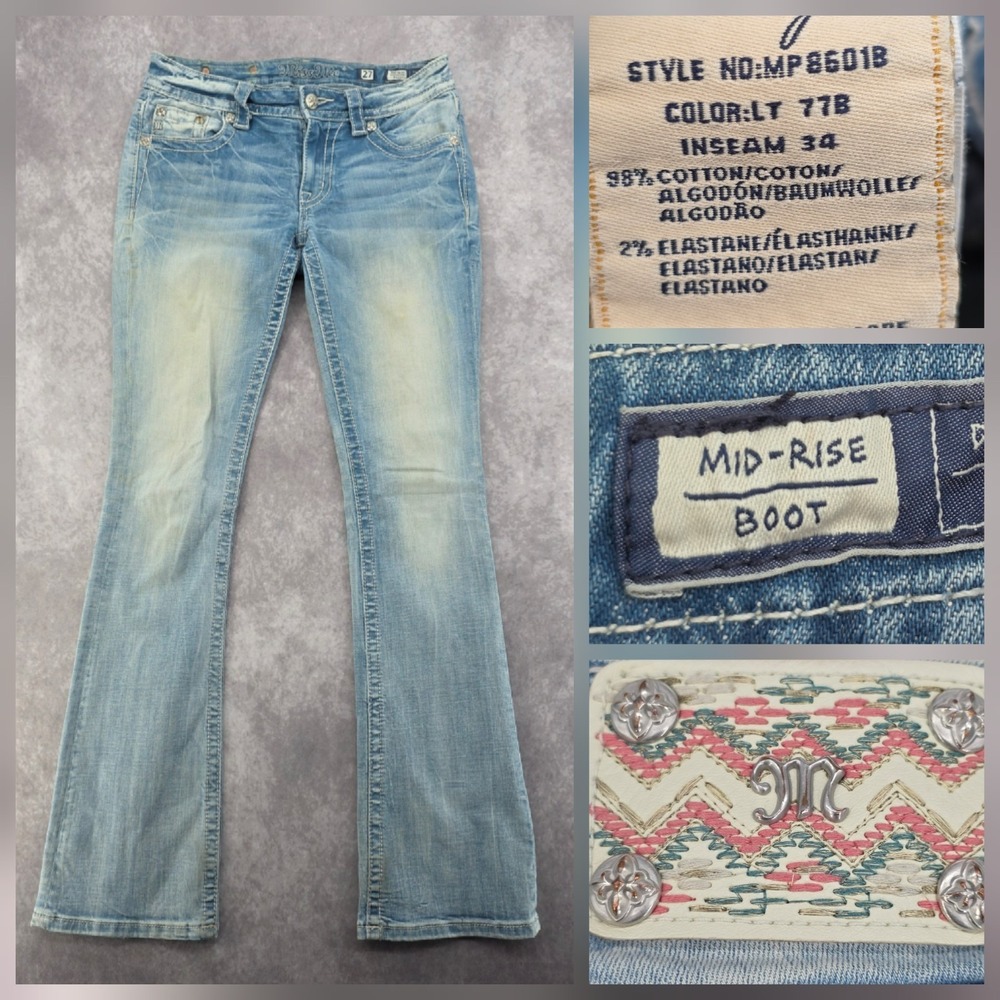 Miss Me Y2K Bootcut Jeans Womens 27x34 Light Wash Embellished Mid Rise MP8601B